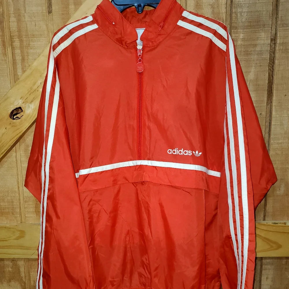 Adidas Windbreaker Mens Size Medium Red 3 White Stripes Pullover Jacket Vintage - Picture 1 of 3